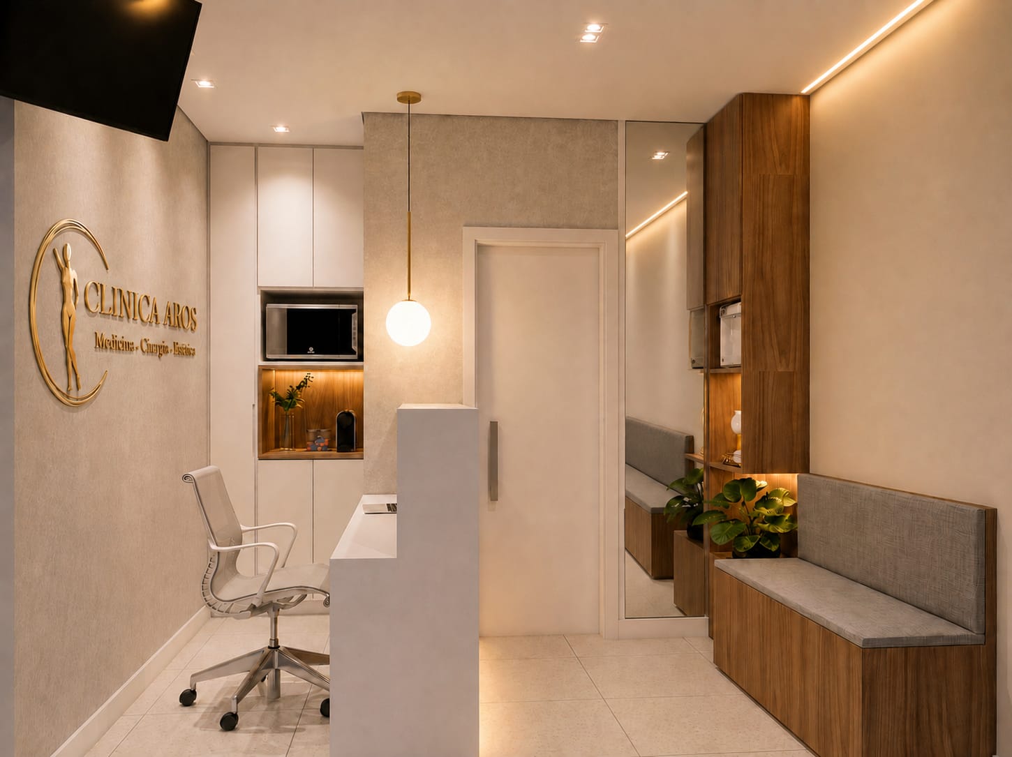 Recepção da Clínica Aros: balcão branco, logo dourado e ambiente acolhedor